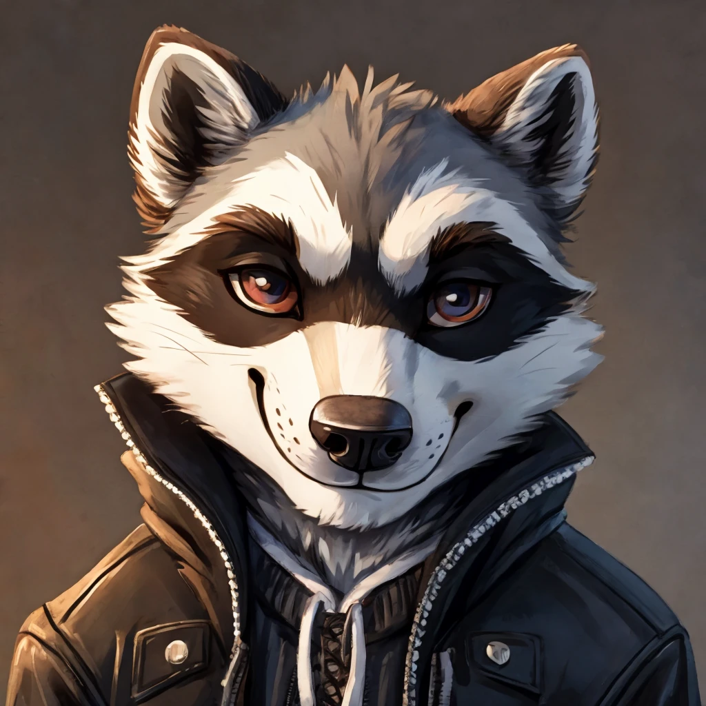 headshot of a grey fur anthropomorphic raccoon, closed smile, dressed with a black with white laces jacket, high quality furry art, high quality fursona ref.