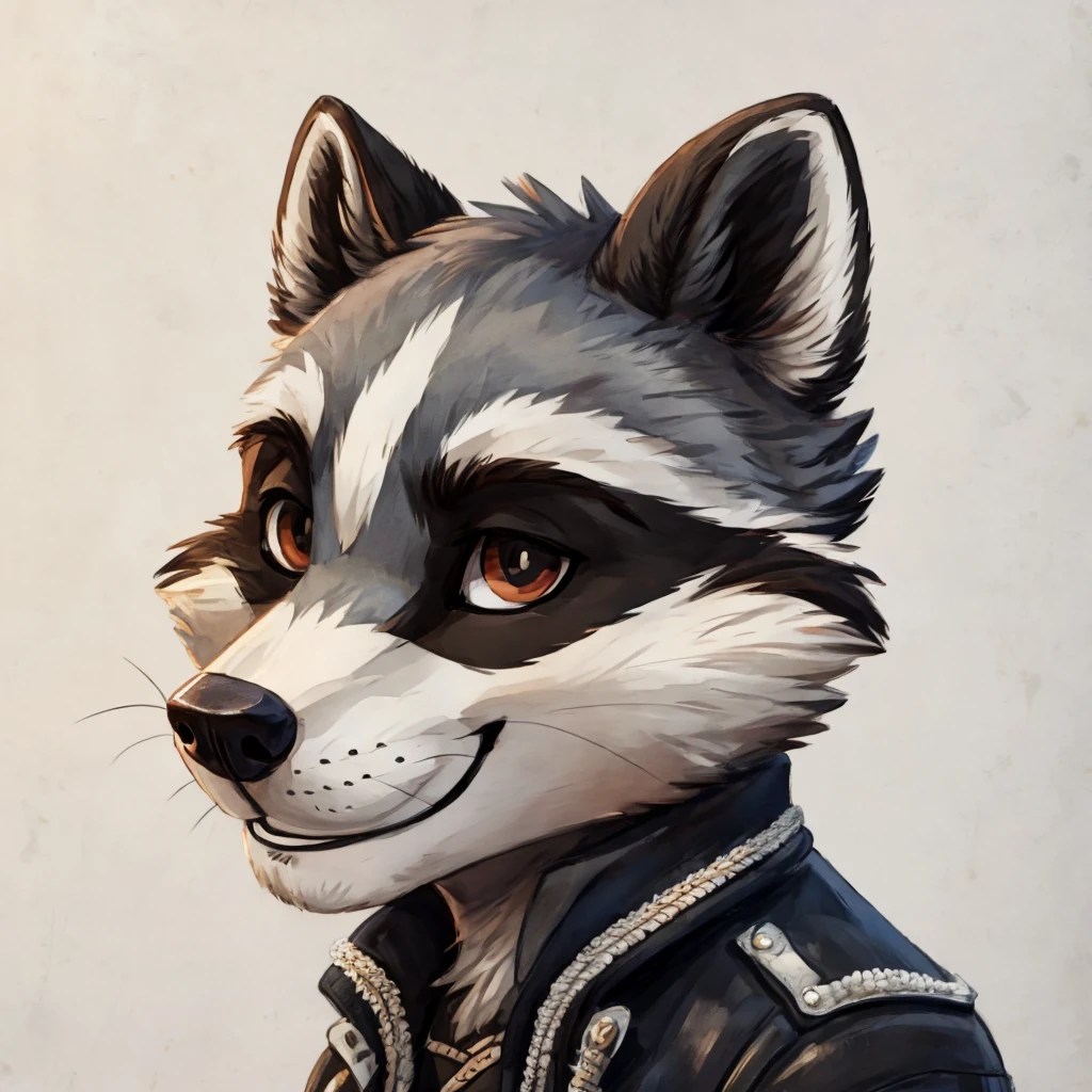 headshot of a grey fur anthropomorphic raccoon, closed smile, dressed with a black with white laces jacket, high quality furry art, high quality fursona ref.