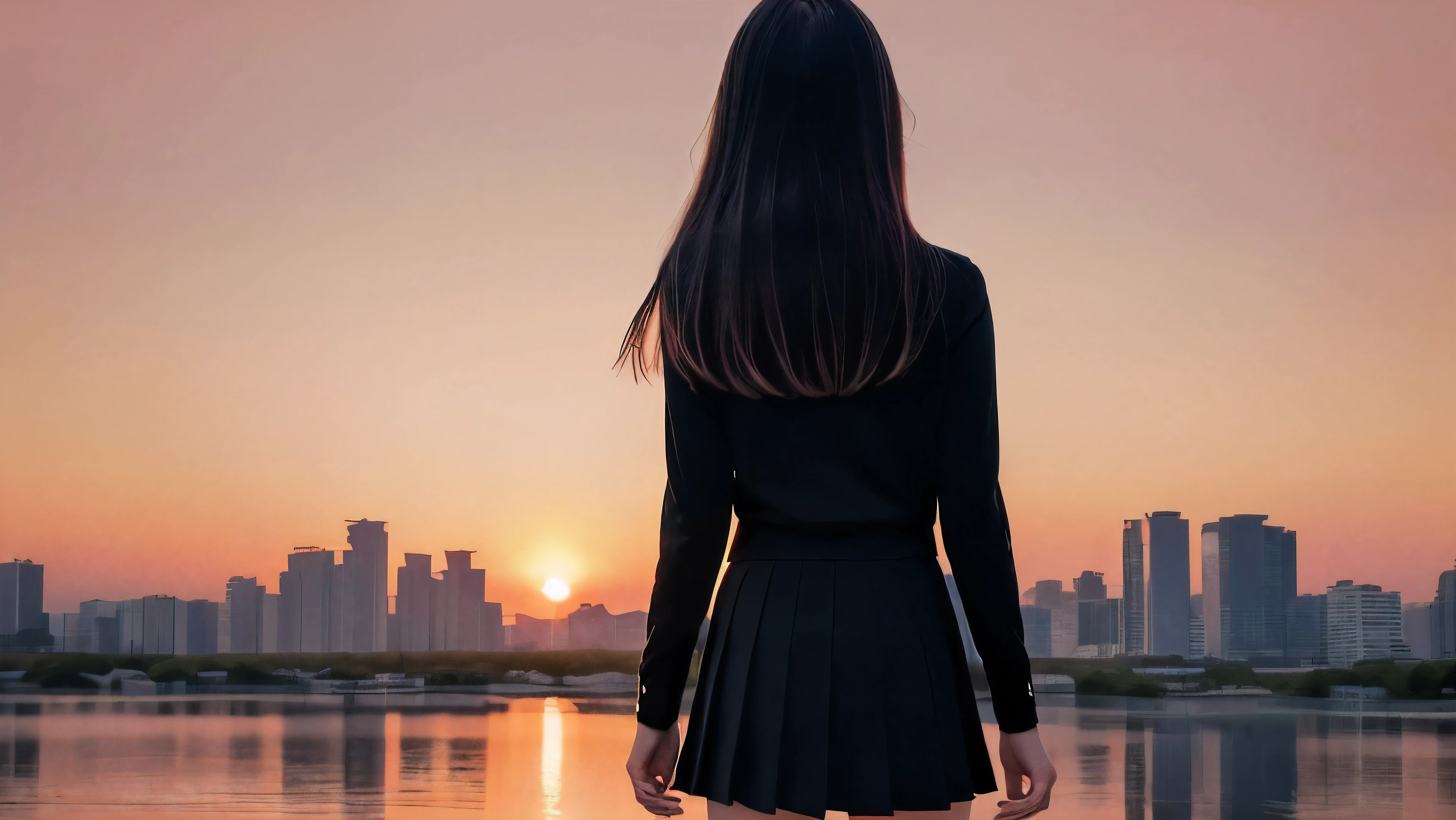 (Back shot of one slender small breasts two side up black medium hair with bangs girl in long sleeves black school uniform:1.5)、(One girl is looking at sunset red sky with her face is reflected sunset light and her hair is blowing in long sleeves black school uniform:1.5)、(Beautiful red sunset sky at skyscraper city landscape:1.5)、(8k ultra detailed master piece:1.5)、(perfect anatomy:1.5)、(Photorealistic stick:1.5)、(Raw photo:1.3)、(highest quality:1.5)、(High resolution:1.3)、(Delicate and beautiful perfect face:1.3)、(Delicate and beautiful eye air skin:1.3)、(Real Human Skin:1.3)、((thin legs))