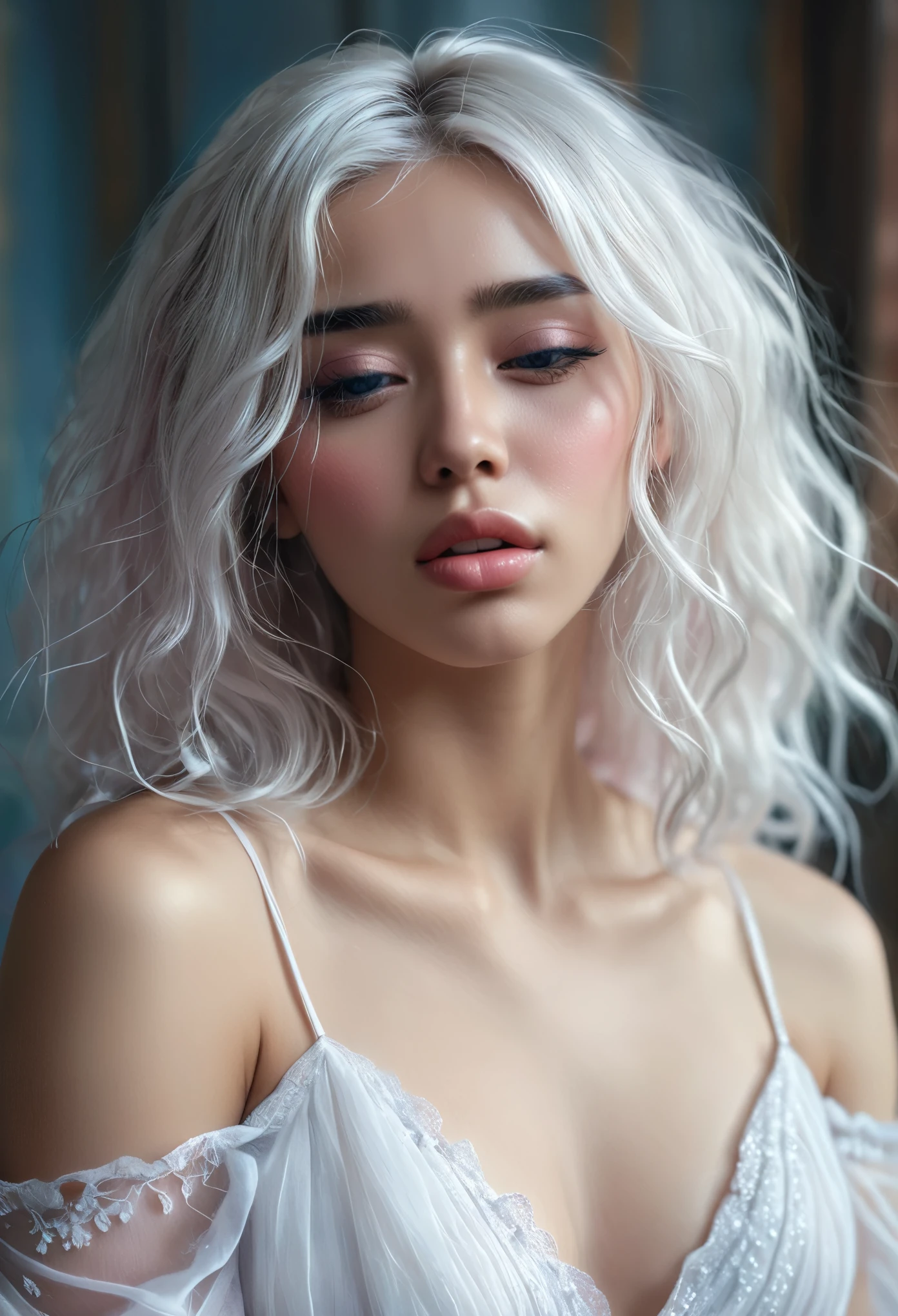 comely ( crying expression with tears ) (((darkskin:1.2))) androgen:1.3, ((darkskin:1.2)), (((White hair))), ethereal darkskin beauty,blue piercing eyes,long flowing White hair,darkskin complexion,soft pink lips,sensual behavior,seducing gaze,graceful pose,subtle makeup,pure white dress,Delicate features,striking contrast with the environment,soft natural light,subtle shadows,ethereal atmosphere,swirly vibrant colors,dream scenario,romantic atmosphere,artistic portrait,highly detailed rendering,Photorealistic quality.