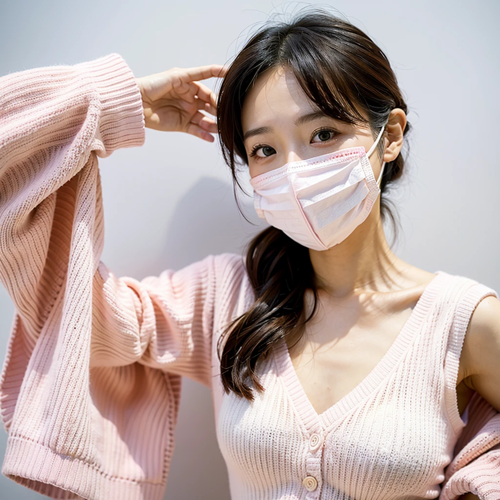Best image quality、8K、Ultra-high resolution、Japanese、office、(Face close-up:1.2)、Perfect beautiful face、Pink face mask、White sweater