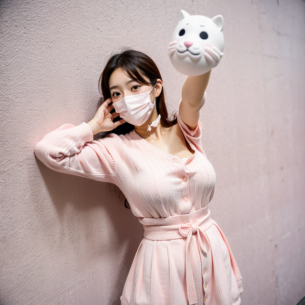 Japan Beauty、Live action、Poses variadas、Background shot on white wall、Colossal tits、Pink mask、Selfie wind、White knitwear