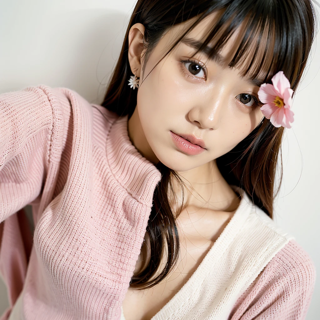 Japan Beauty、Live action、Poses variadas、Background shot on white wall、Colossal tits、Pink mask、Selfie wind、White knitwear