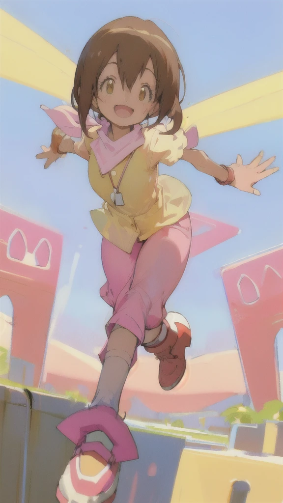 Top quality, masterpiece, high resolution, details, Top quality, masterpiece, high resolution, details, perfect anatomy, (cute girl), smiling, HikariDigi, open mouth, yellow sleveless shirt, pink pants, rubber boots, shoes, sky, solo,Background is blue sky, upper body、ergartener, 