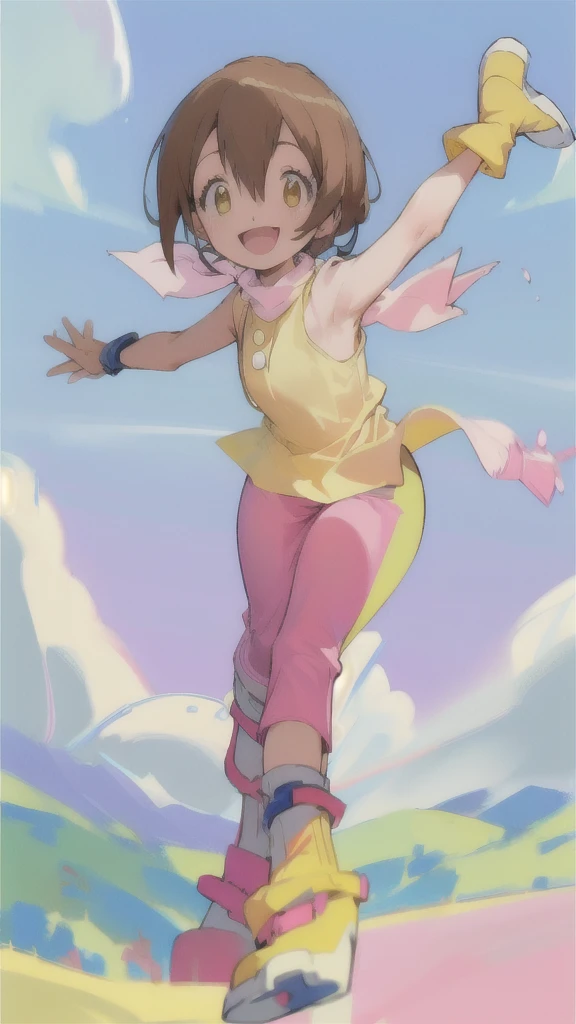 Top quality, masterpiece, high resolution, details, Top quality, masterpiece, high resolution, details, perfect anatomy, (cute girl), smiling, HikariDigi, open mouth, yellow sleveless shirt, pink pants, rubber boots, shoes, sky, solo,Background is blue sky, upper body、Kindergartener, 