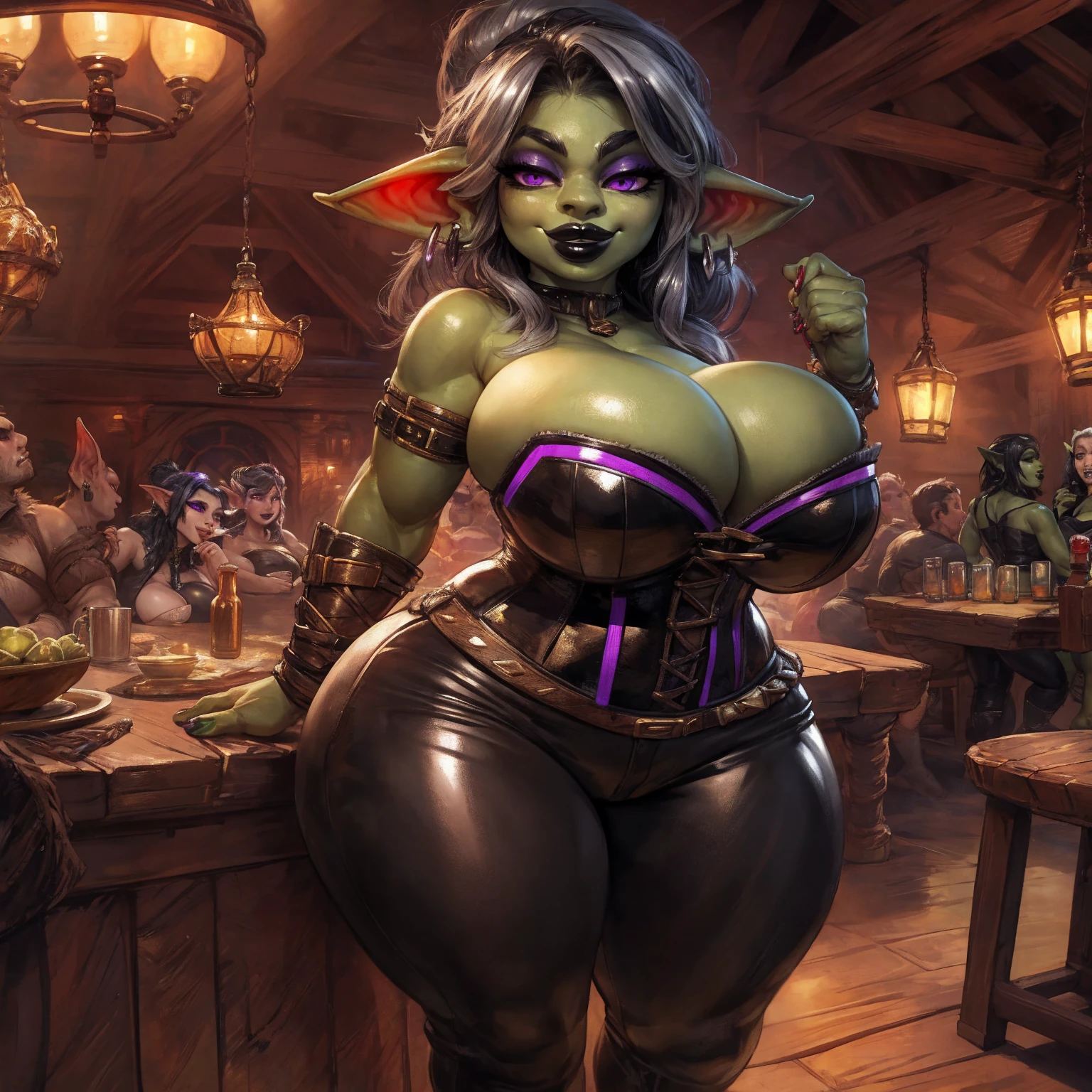 by darkgem, solo, 1girl, goblin, female, older woman, (purple eyes), slender face, plump, curvy, voluptuous, (black hair:1.1), (silver streaks in hair:1.2), (green skin:1.2), (large breasts), (heavy breasts:1.2), milf, black corset, hyper hips, leather pants, cleavage, Masterpiece, best quality, absurd res, highly detailed, tavern environment, seductive smile, big lips, black lipstick, eyeshadow, standing upright, casual pose, hands on table, short, shortstackbt