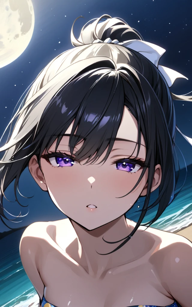 (pieces fly, highest quality, High resolution, ticker, perfect pixel, written boundary depth, In 4K), 
1 girl, alone, , beautiful anime girl, 
looking at the viewer, 
perfect body,  

short hair, black hair, pink eyes, big , 

pout, 

Black Frill Bikini, strapless, 
blush, 
beach, summer, 

throw, From above, Upper body, concentrated , close shot, 
upper eye, 