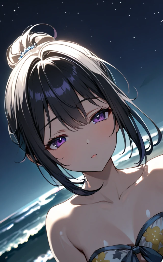 (masterpiece)、(absurdres)、(ultra detailed)、BREAK,gradation effect::1.2、(solo adult lady)、BREAK,shiny black hair、shiny purple eyes、short highponytail、from front,1white ribbon:1.small breast:0.8、closeup head shot,dynamic angle、half-closed eyes,Night sea and beach background、BREAK,Yellow floral print strapless bikini:1.3、BREAK,Night starry sky:2,Moonlit Night