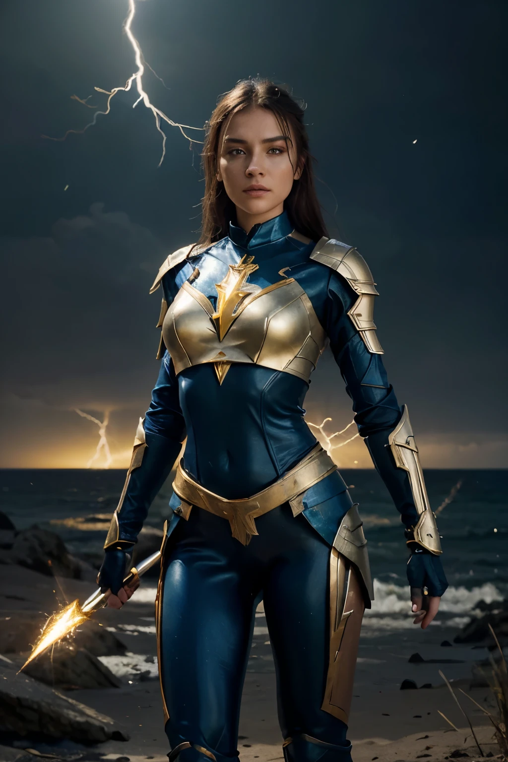 Stunning masterpieces in 4K and high resolution., It features a young woman wearing distinctive blue and gold armor.. your horizon_The armor glowed with power as she confidently held the lightning bolt in her hand.. This scene is intense and fascinating., With a combination of electrical energy and the intricate details of the armor,. A woman's blue eyes reflect determination and strength., As her lips formed a slight smile., It shows her readiness for action.. The lighting in the scene increases the intensity., Casting shadows that add depth and drama to the overall composition.. The colors are bright and vivid., With striking blue and gold tones., Radiating power and elegance. This work of art is a true masterpiece., Gather the essence of strength, beauty, and electrical energy.