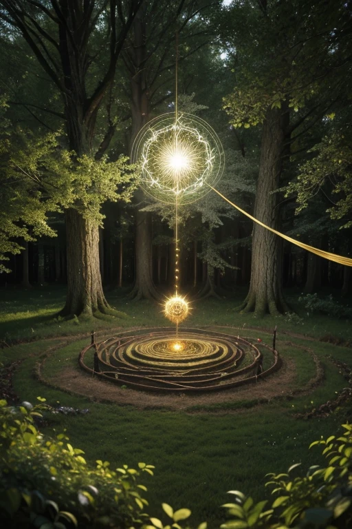 From the words "druid" and "staying" come roots that intertwine to form a circle of golden druidic knots. In the center of this circle, a majestic green oak radiates its telluric energy. In the background, fractal patterns weave a cosmic blanket, connecting the sacred with the infinite.


