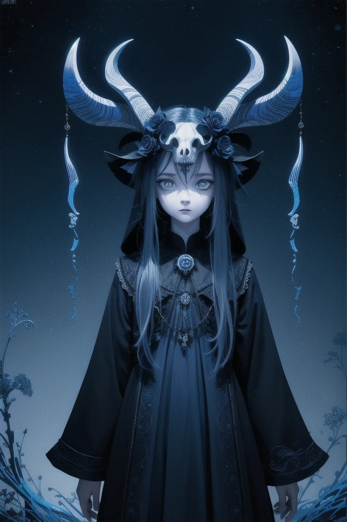parameters(official art,unity 8k wallpaper,ultra detailed,High quality,best quality:0.9),(zentangle,mandala,tangle,entangle:0.6),,full body,flat color,limited palette,low contrast,(1girl:1.5),solo,(lycoris flower),(goat skull:1),(horror),(gloomy),(blue pigment:1.33),(hollow eyes:1),(expressionless eyes:1.3),cowboy shot,demon girl,PIXIV,devil,evil spirits,(Highest Quality, Amazing Details:1.25),(bright pupils),blue black,