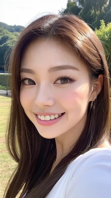 ((top-quality、masutepiece、8K、Top image quality、Hyper-Realism)) full bosy, closeup, The Biggest Smile、white big teeth、Perfect makeup、long eyelashes、View me、smile your best smile, Bright lighting, hyper realistic, photoreal, kpop fashion wear, jennie make up