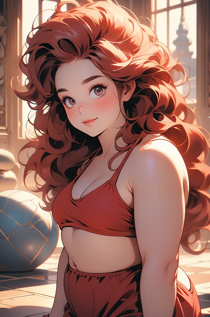 1girl, shortstack, plump, dwarf, looking up at viewer, short red hair, sassy smirk, bikini, stone floor