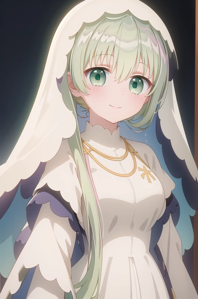 1girl,solo,full body,standing,(pastel green hair:1.2),long hair,bangs,hair_between_eyes,(green eyes:1.2),(beautiful fingers),masterpiece,best quality,(Ultra high definition eyes:1.2),8k,(Beautiful detailed eyes:1.2),(Fine and beautiful eyes:1.2),(pretty eyes:1.2),finely detail,extremely CG, absurdres,high resolution,illustration,Detailed and beautiful outlines,finely detail,high resolution,(colorful refraction:1.4,Increase saturation:1.2),beautiful lighting,dynamic lighting,closed room,black background,simple background, smile,looking at viewer,Cecilia,nun,white dress,jewelry,white veil