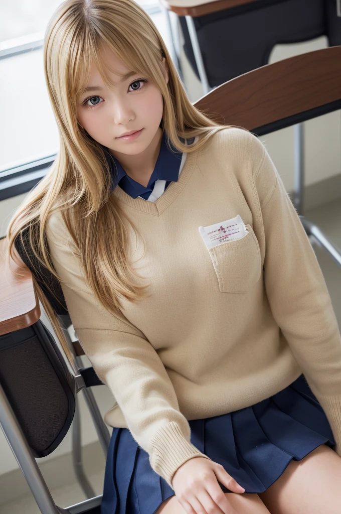 (8k, RAW photo, best quality, masterpiece:1.2), (realistic, photo-realistic:1.4), (extremely detailed 8k wallpaper), pretty Japanese woman, (school uniform studium jumper),in class room, sitting chair, spread legs, blond hair, hands in pocket