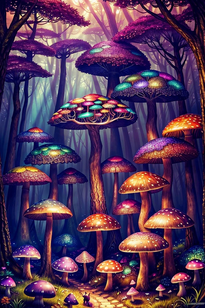 a magical fantasy forest, colorful forest, fantasy creatures, beautiful detailed animals, whimsical forest, surreal landscape, glowing mushrooms, vibrant colors, cinematic lighting, dramatic shadows, intricate details, dreamlike atmosphere, stunning colors, magical realism, fantasy art, digital art, photorealistic, highly detailed, 8k, best quality