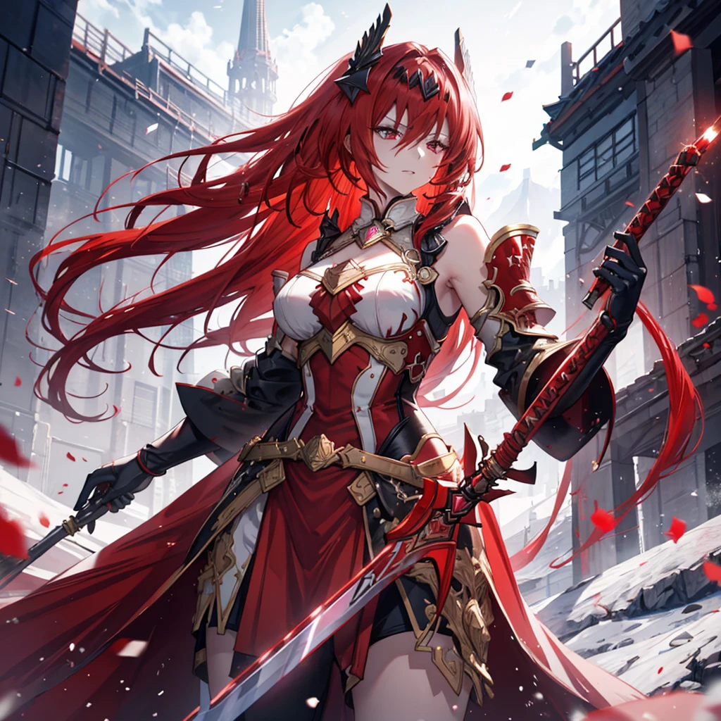 Anime style painting, Aurora, Snow Country, Holding a sword, An illustration, Calm expression, Perfect hands, elder, Redhead, Dignity at 50, ほろ酔いのwoman, alone、masterpiece、Highest quality、(Babes)、Fractal Art、Red eyes、Narrow eyes、Black and red dress, Reddish lips、From the shoulders up、Serious face、一人のwoman、Red Long Ponytail, Curly Hair, Red eyes,Golden accessories, alone, Big Breasts, woman, Take-out, Provocative laughter,40 year old woman,Queen of Sadism, Perfect Human Medicine,Acheron, Estilo Genshin Impact, Combat pose, Very detailed, High resolution, whole body, Sword Rain Red, Black Hole Red