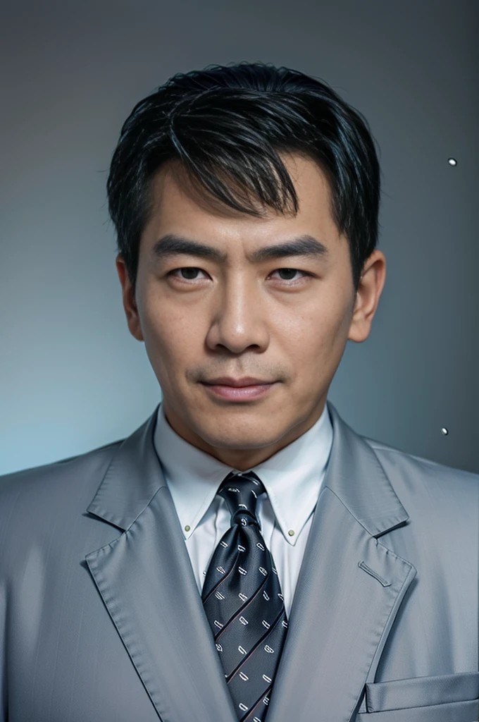 Highly realistic photo, ((masterpiece), (best quality), (raw photo), (photorealistic:1.4), Portrait of Vietnamese man, 60 years old, ((black hair slicked back)) , ((wearing a black suit)), white shirt, ((black tie)), ((light blue background)), photo taken by Sony A7IV
