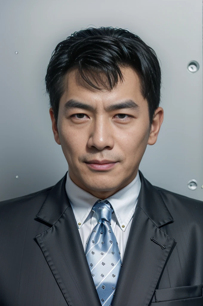 Highly realistic photo, ((masterpiece), (best quality), (raw photo), (photorealistic:1.4), Portrait of Vietnamese man, 60 years old, ((black hair slicked back)) , ((wearing a black suit)), white shirt, ((black tie)), ((light blue background)), photo taken by Sony A7IV