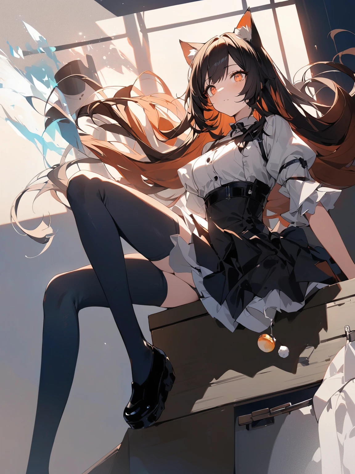 Slender anime girl,Black long hair,Bright orange eyes,Cat Ears Female Outfit,Black long sleeve,Sitting on the cupboard with legs crossed,There was a white elf holding a dessert flying beside her.,Arknights style,Light and shadow,masterpiece,Beautiful illustration wallpaper。