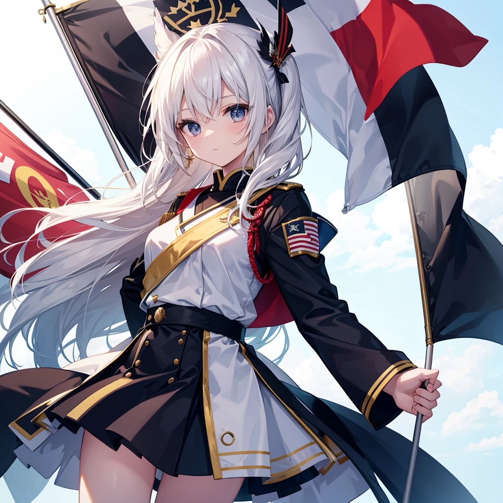 A beautiful girl skillfully manipulates the marching band flags、White background、Dynamic Flag Background、The flag is black with Kinu's flower embroidery, and it looks really cool.、