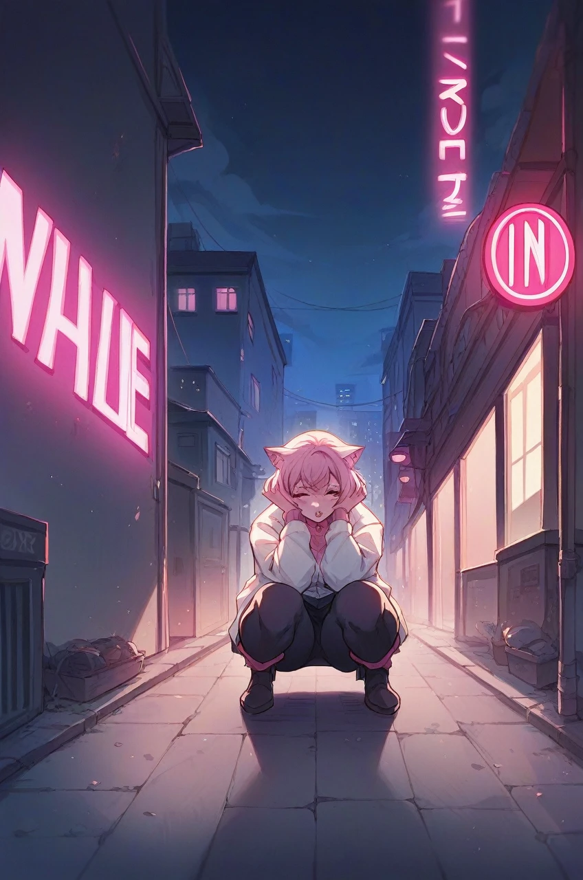 girl,City of night,live house,Alley,Neon Light,Street fashion,White outerwear,Pink tint,squat,Precise depiction,There is a black cat nearby.,Blur the background