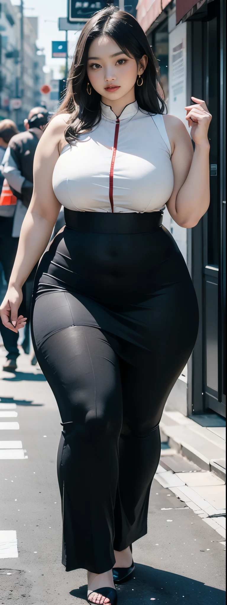 ((best quality)), ((masterpiece)), (detailed), malay woman, perfect face, araffe woman in a dark-black gamis walking down a street, thicc, she has a jiggly fat round belly, bbwchan, wearing tight simple clothes, skinny waist and thick hips, widest hips, her belly is fat and round, soft curvy shape, hyperrealistic full figure, wearing gamis , wide hips