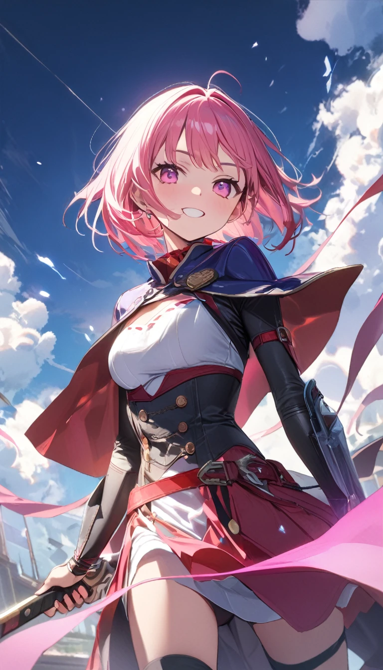(1 girl),(Best Picture Quality, 8K, Masterpiece:1.3), (high school student:1.5), (pink lob hair), (bob cut), (slant skyblue eyes), ((armored dress)), (super clear:1.5), (glistening skin:1.1),(pale skin:1.1),