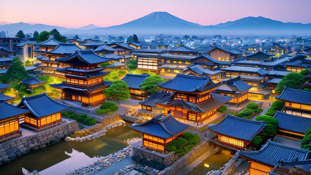 arafed view of a village with a lot of lights on the buildings, japan town, amazing wallpaper, japanese town, japanese village, hyper realistic photo of a town, old asian village, japanese city, by Raymond Han, japan ancient castle, beautifully lit buildings, at evening , beautiful and aesthetic, photography, cinematic, 8k, high detailed ((contras photography)))