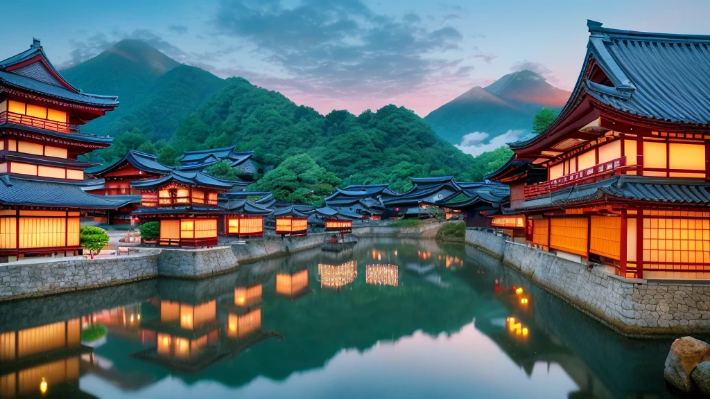arafed view of a village with a lot of lights on the buildings, japan town, amazing wallpaper, japanese town, japanese village, hyper realistic photo of a town, old asian village, japanese city, by Raymond Han, japan ancient castle, beautifully lit buildings, at evening , beautiful and aesthetic, photography, cinematic, 8k, high detailed ((contras photography)))