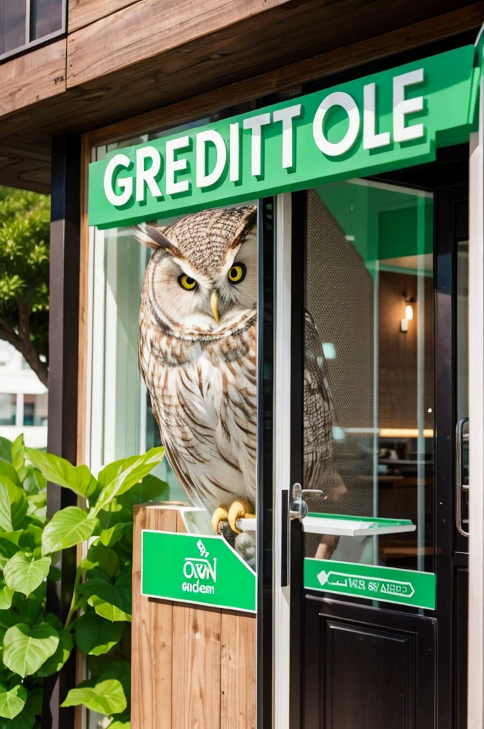 Modern restaurant With a big sign on the door Written: GREEN FLAVORS AND AN OWL