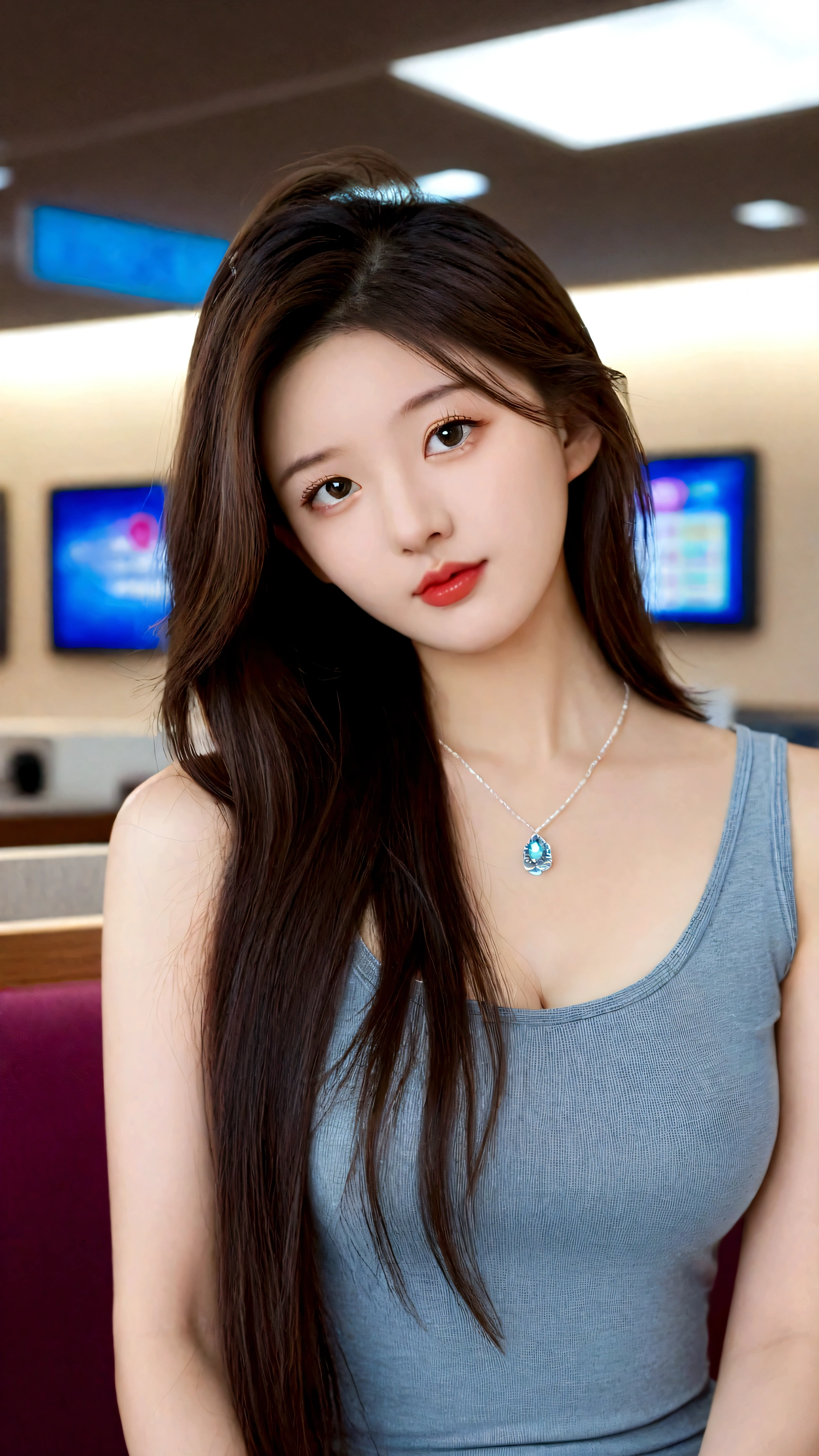 extreme close-up of beautiful Chinese female, big nose, straight long hair, 38 inch breasts size, necklace, wearing fitting tank top, sitting in terminal lounge, bokeh background, UHD