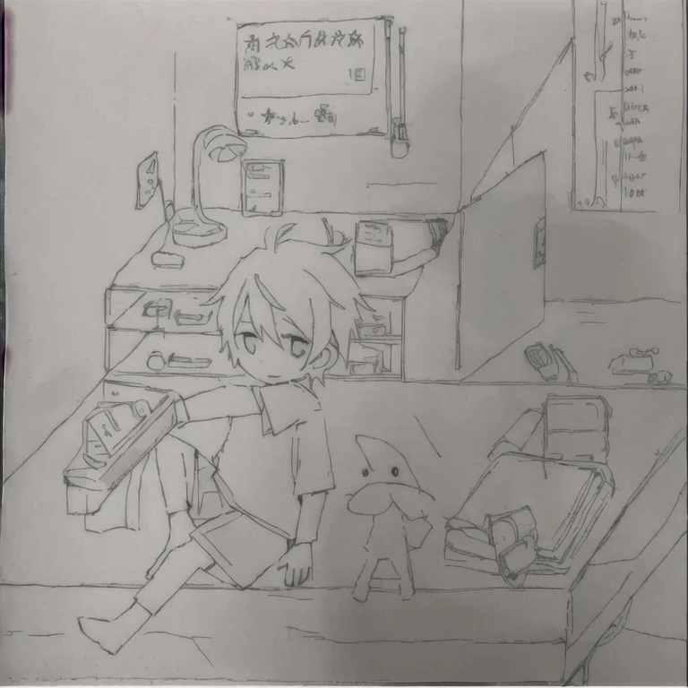 Stick Figure,High-quality creations,Little boy's bedroom,Naked Boy,Tatami,Anime illustrations