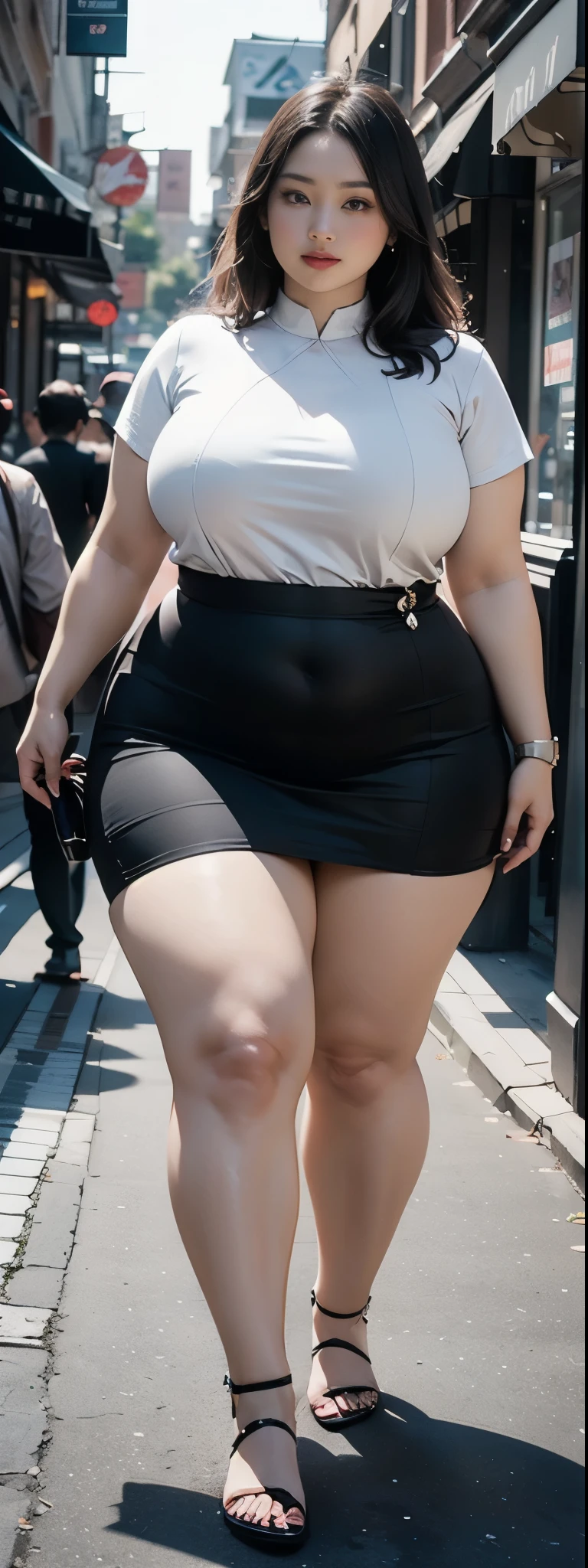 ((best quality)), ((masterpiece)), (detailed), malay woman, perfect face, araffe woman in a dark-black gamis walking down a street, thicc, she has a jiggly fat round belly, bbwchan, wearing tight simple clothes, skinny waist and thick hips, widest hips, her belly is fat and round, soft curvy shape, hyperrealistic full figure, wearing gamis , wide hips