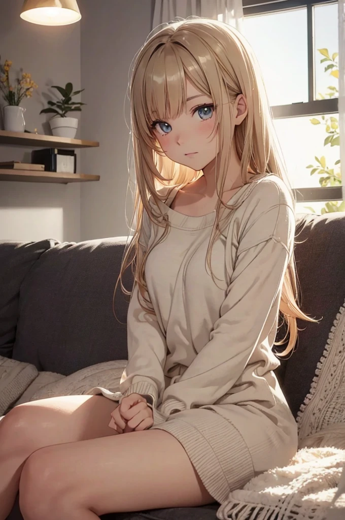 Beautiful young woman, Anime Style, Detailed face, Wearing light summer clothing, Sit on the sofa, Relaxed facial expression, Cozy living room, Warm night light, Moonlight shining through the window, Detailed background with living room elements, High detail, 8K resolution, Cinema Lighting, Highest quality, Gentle shadows, Pastel Color Palette, Instagrammable, Cute and relaxing, beautiful, Warm and cozy atmosphere