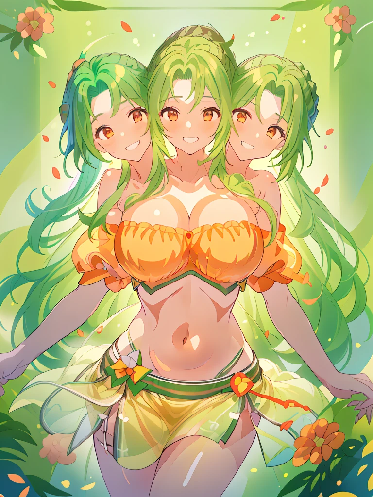 (masterpiece, best quality), best resolution, (3heads:1.5), 1girl, green hair, long flowing hair, smiling, grinning, open belly, white-orange crop top, orange-white miniskirt, open breasts, huge tits, curls, sexy pose, ponytail,
