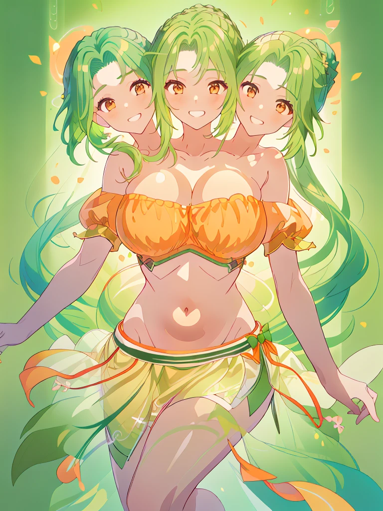 (masterpiece, best quality), best resolution, (3heads:1.5), 1girl, green hair, long flowing hair, smiling, grinning, open belly, white-orange crop top, orange-white miniskirt, open breasts, huge tits, curls, sexy pose, ponytail,