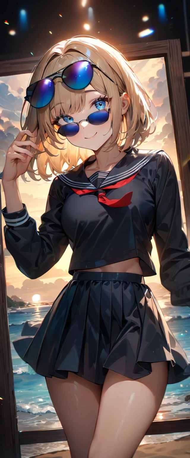(((One girl))), ((beach)), noon, blond hair, bob cut, breasts, from front, (cowboy shot), standard body, (looking at viewer), ((black serafuku out of skirt)), black skirt, ((red ribbon)), ((sunglasses)), hand to sunglasses, ager, head tilt:1.3, (((blue eye))), ((happy smile)), anime style, (best quality, 4k, 8k, highres, masterpiece:1.2, ultra-detailed, ultra-detailed eyes, HDR, UHD, studio lighting, ultra-fine painting, sharp focus, physically-based rendering, extreme detail description, professional, vivid colors, bokeh), ((Highest quality, Best image quality, Ultra-high resolution, Ultra-high resolution, solo, Strong eye highlights)), Depth of written boundary, Natural soft light, attractive, Beautiful Face, Cleanliness, Pure Face, nedium chest, Beautiful Face, Perfect Fingers, Perfect hands, Perfect body, Perfect Face, Shine a light into your eyes, Perfect Anatomy