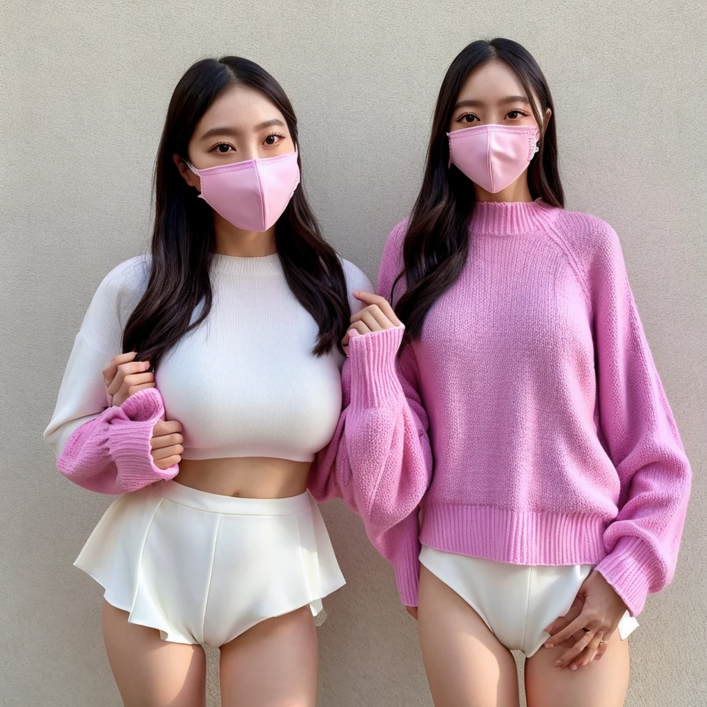 Japan Beauty、Live action、Poses variadas、Background shot on white wall、Colossal tits、Pink mask、Selfie wind、White knitwear
