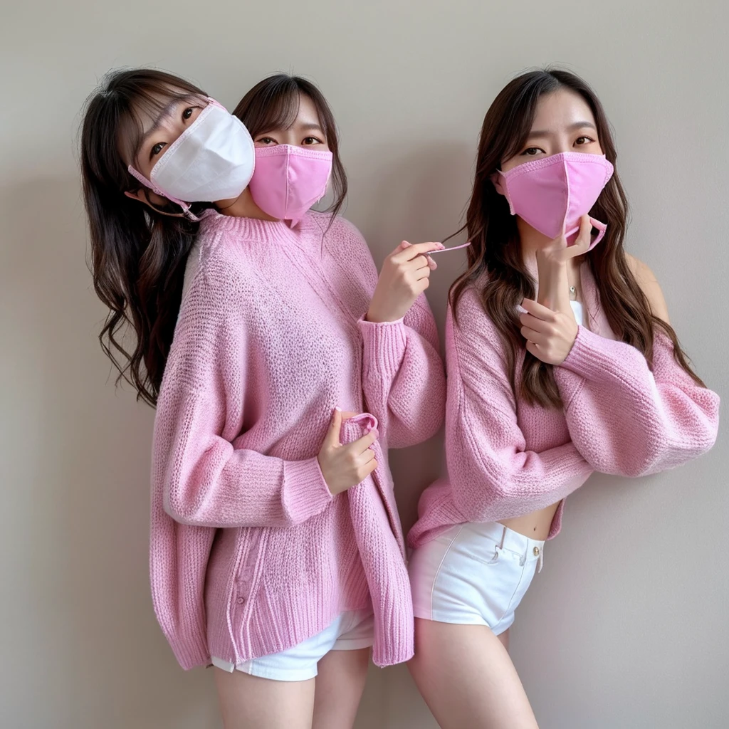 Japan Beauty、Live action、Poses variadas、Background shot on white wall、Colossal tits、Pink mask、Selfie wind、White knitwear
