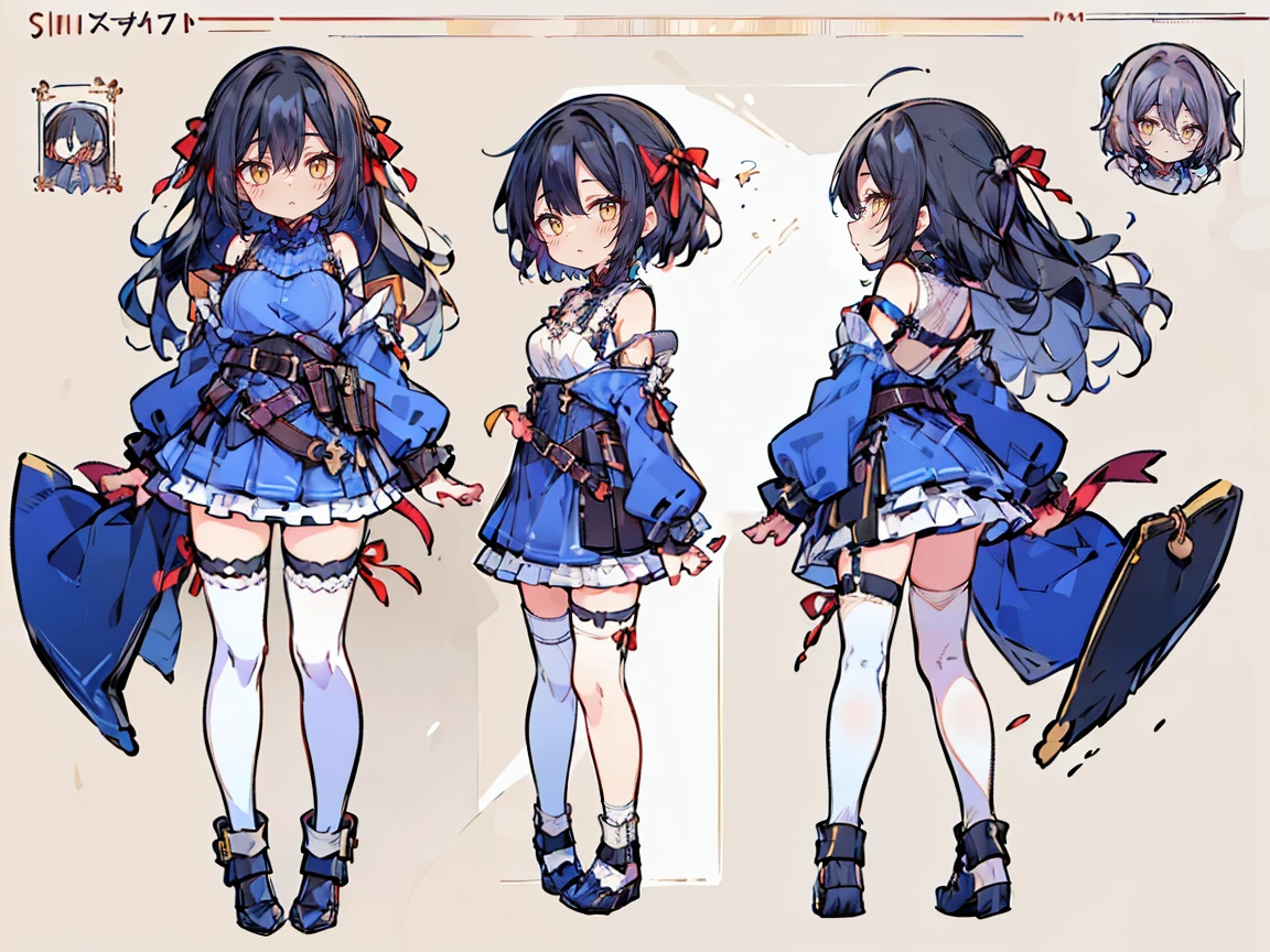 (((three-sided view, front view, side view, back view, multiple views, multiple poses and expressions, many parts)), concept art, character concept art, character sheet, Full body, illustration, (simple background, gray background), 1 character, 1girl, fantasy art:1.1), (hui xiyi:0.7), rekkyo sensen, rekkyou sensen, girls with((black hair, bangs, (one side up, long wavy hair, ribbon:1.55), perfect hands, perfect fingers, (exposed breasts, tits cleavage, breasts close up:1.2), dress((suspenders, dress, belt, nun:1.15), (blue clothes, frills shirt, white knit sweater, long sleeves, frills dress, frills skirt, wind blowing dress, long sleeves, (white legwear:1.55), thighhighs, single thighhighs, single legwear, black footwear, strap shoes:1.42))