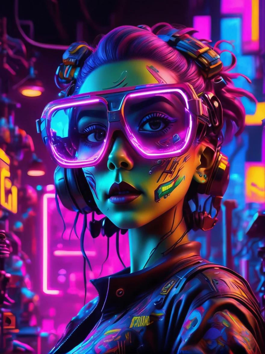 best quality, masterpiece, 3d, Pixar Artwork, Electronic variants, (Cartoon mechanical girl zombie wearing big glasses in the factory:1.5)，in a dynamic dancing pose within a colorful virtual reality world teeming with neon lights and vibrant holograms, The scene bears the influences of both pop art and graffiti, a truly cyberpunk-inspired ensemble with explosive energy, created using digital painting methods and radiant, glowing effects