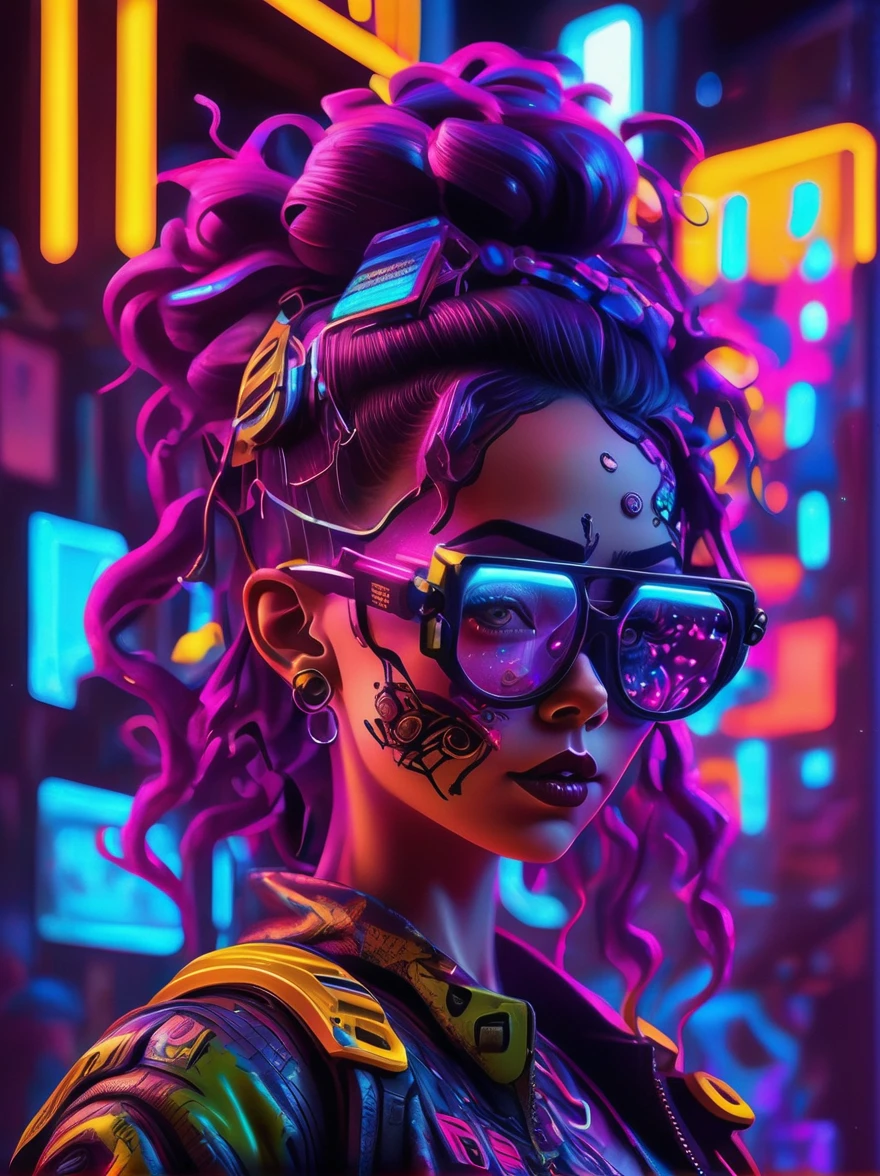 best quality, masterpiece, 3d, Pixar Artwork, Electronic variants, (Cartoon mechanical girl zombie wearing big glasses in the factory:1.5),in a dynamic dancing pose within a colorful virtual reality world teeming with neon lights and vibrant holograms, The scene bears the influences of both pop art and graffiti, a truly cyberpunk-inspired ensemble with explosive energy, created using digital painting methods and radiant, glowing effects