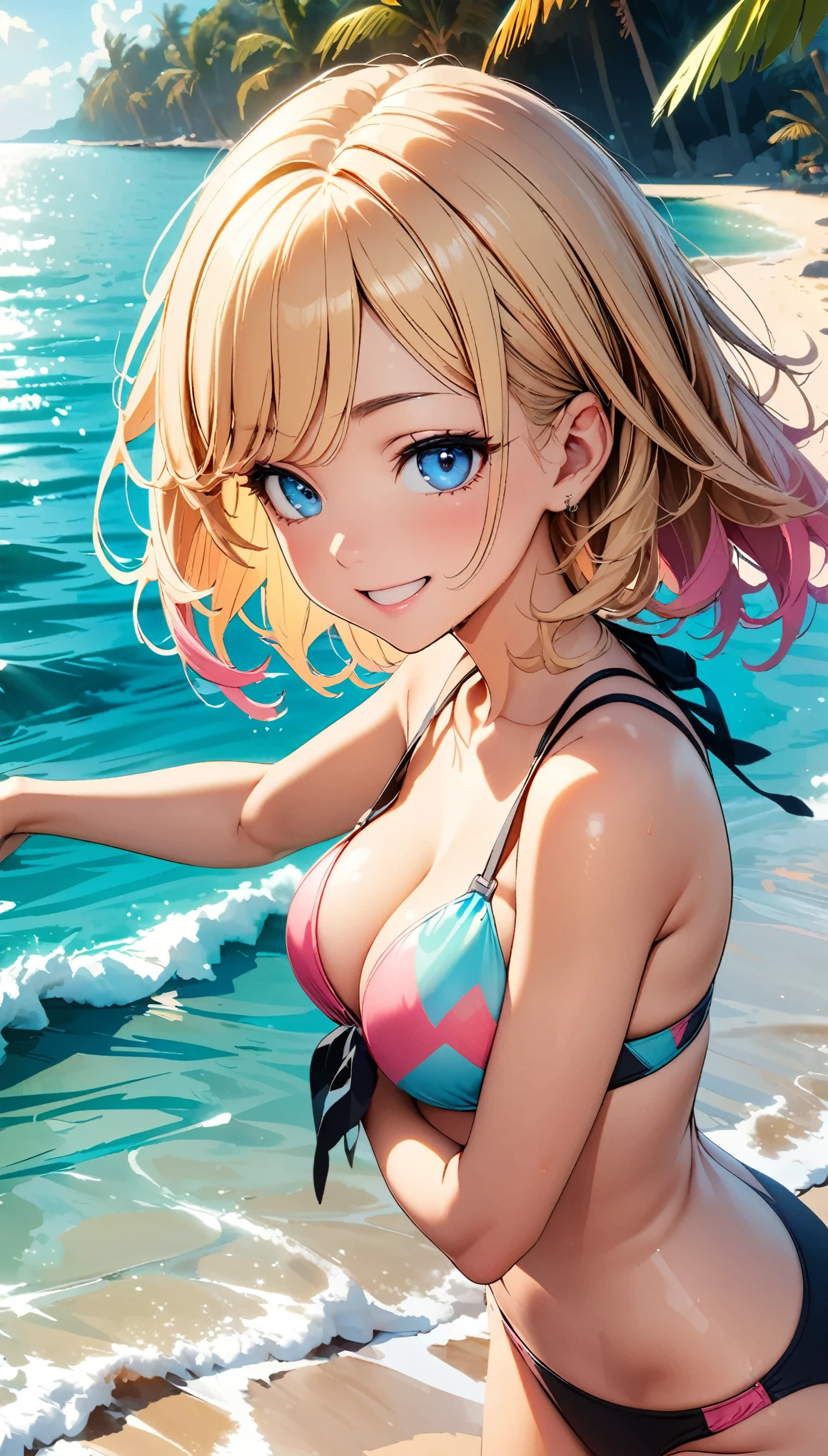 Please draw a full body of a woman.。Similar to Violet Evergarden from the anime、Smooth skin、RAW images、High definition、High resolution、high resolution、Full Body、Toes、Tube top bra、Satin long skirt、Perfect fingertips、Perfect legs先、Perfect legs、Perfect Face、Detailed face、smile、Navy one-piece dress、Sandals、Seaside、juice、Water&#39;s Edge、Standing pose、