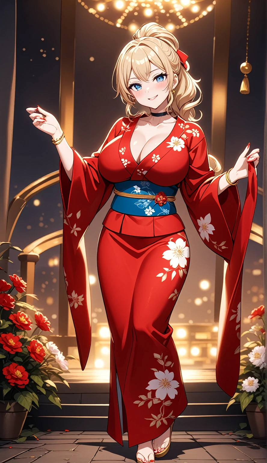 ((One personの女性)), Beautiful Face, White skin, (seductive smile:1.4), (naughty face:1.2), ((Wink:1.9)), ((head tilt:1.6)), Laughing with your mouth open, upper teeth, ((full-face blush:1.5)), looking at viewer, Glossy Red Lips, (Shining Face), ((anime colored)), ((Anime style background)) , night, Observatory, Festival decorations, firework, ,masterpiece, Highest quality, so beautiful,up to date, Complex details, (Pink long nails),(ring),(bracelet),(choker),AI-generated, Complex,High resolution, Highest quality, super high quality,3D Images、3D Images, (full body:1.3), One person,Long blonde hair,ponytail, wavy hair ,写真のポーズをとるAnime Women, ((Fine grain、Eyes with little blue pigment、Shining Eyes:1.3)), (Squint your eyes:1.1),a hyperRealistic , hyperRealistic , Realistic,Anime Women, Smooth anime CG art, ((A woman in a gorgeous kimono embroidered with gold)), ((Red long sleeve kimono:1.4)),((white floral pattern:1.3)), Long flower hair ornament,Earrings,Mature Body,(Big Breasts:1.1),Tall,Abdominal muscles,Tight waist,(full body:1.3), ((front view)),