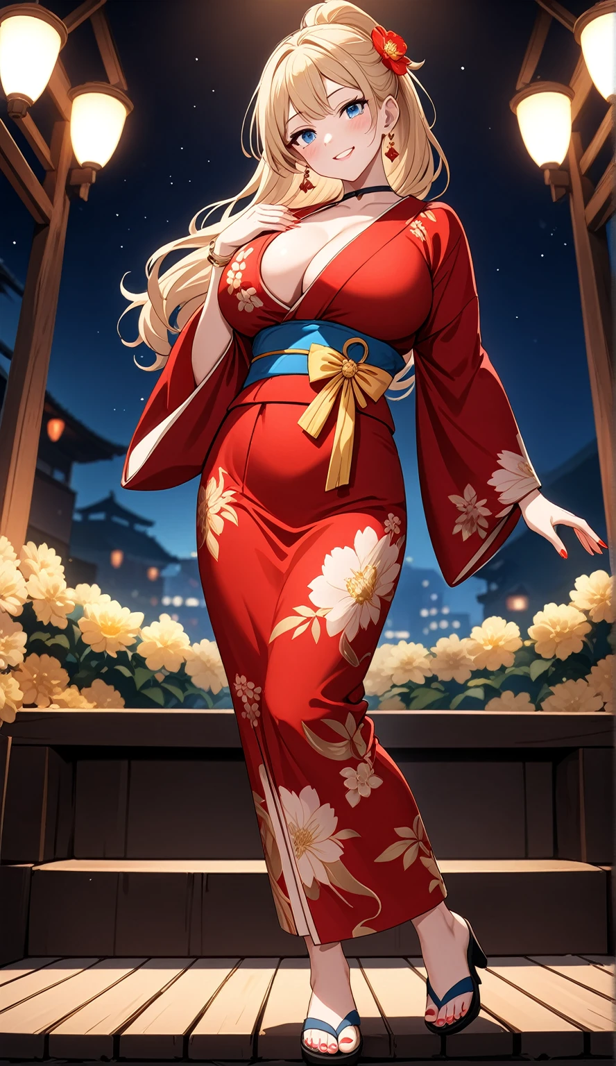 ((One personの女性)), Beautiful Face, White skin, (seductive smile:1.4), (naughty face:1.2), ((Wink:1.9)), ((head tilt:1.6)), Laughing with your mouth open, upper teeth, ((full-face blush:1.5)), looking at viewer, Glossy Red Lips, (Shining Face), ((anime colored)), ((Anime style background)) , night, Observatory, Festival decorations, firework, ,masterpiece, Highest quality, so beautiful,up to date, Complex details, (Pink long nails),(ring),(bracelet),(choker),AI-generated, Complex,High resolution, Highest quality, super high quality,3D Images、3D Images, (full body:1.3), One person,Long blonde hair,ponytail, wavy hair ,写真のポーズをとるAnime Women, ((Fine grain、Eyes with little blue pigment、Shining Eyes:1.3)), (Squint your eyes:1.1),a hyperRealistic , hyperRealistic , Realistic,Anime Women, Smooth anime CG art, ((A woman in a gorgeous kimono embroidered with gold)), ((Red long sleeve kimono:1.4)),((white floral pattern:1.3)), Long flower hair ornament,Earrings,Mature Body,(Big Breasts:1.1),Tall,Abdominal muscles,Tight waist,(full body:1.3), ((front view)),
