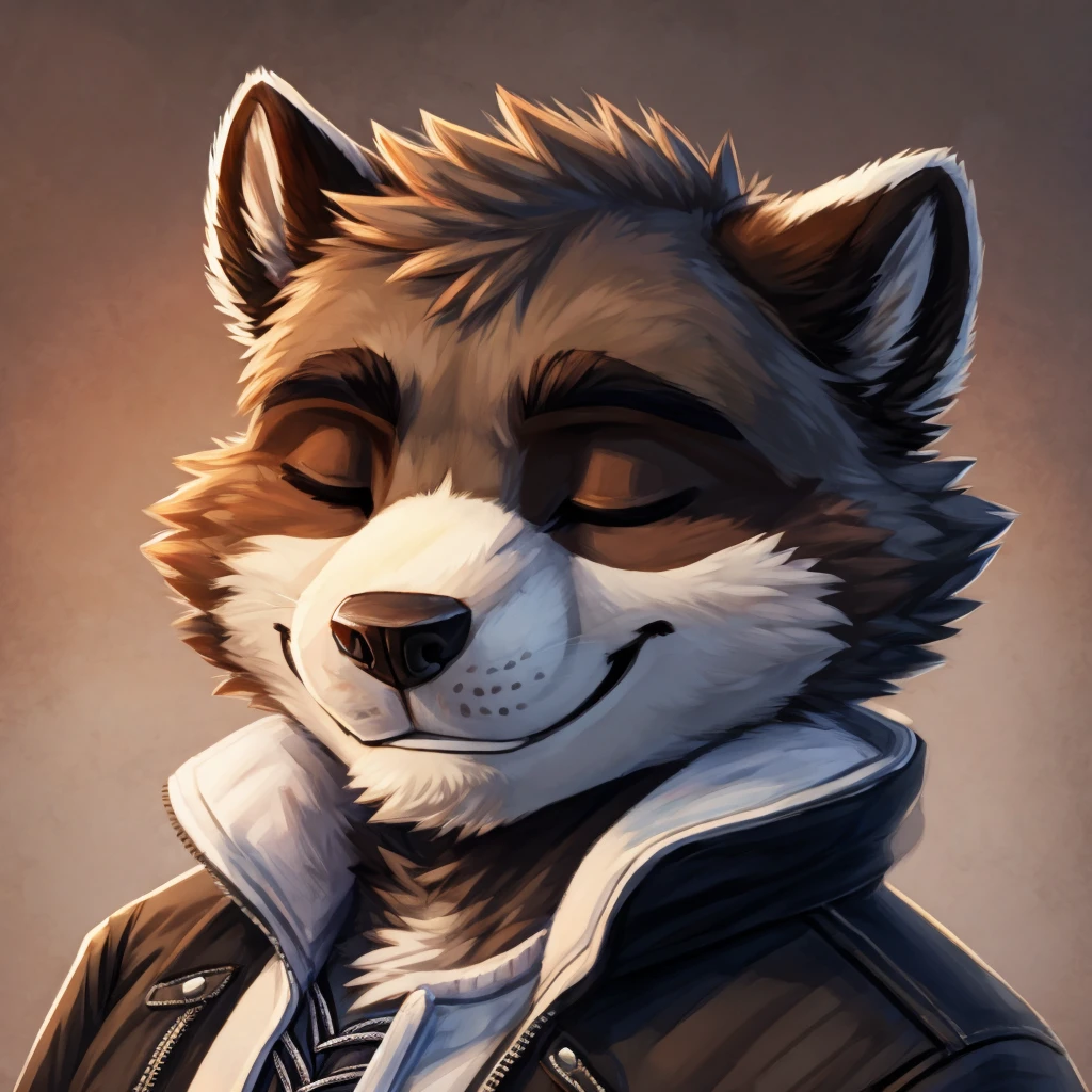 headshot of a grey fur anthropomorphic raccoon, closed smile, dressed with a black with white laces jacket, high quality furry art, high quality fursona ref.