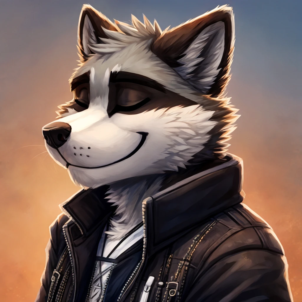 headshot of a grey fur anthropomorphic raccoon, closed smile, dressed with a black with white laces jacket, high quality furry art, high quality fursona ref.