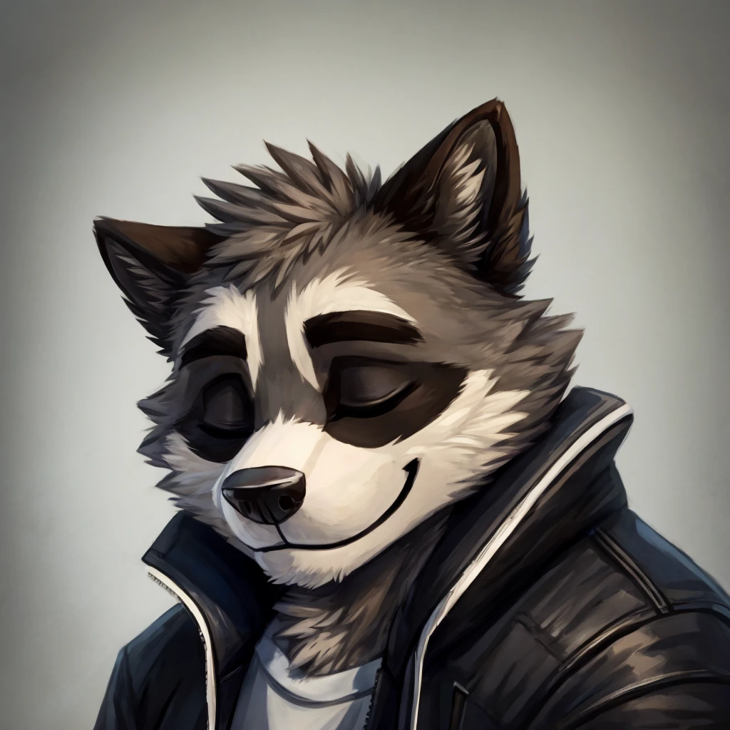 headshot of a grey fur anthropomorphic raccoon, closed smile, dressed with a black with white laces jacket, high quality furry art, high quality fursona ref.