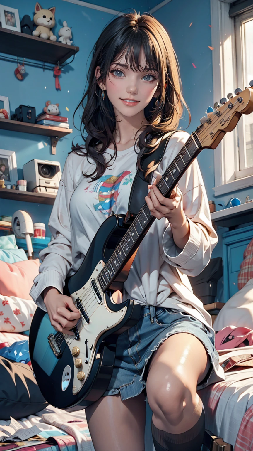 mouth, One girl, alone, In a messy room, guitar,smile